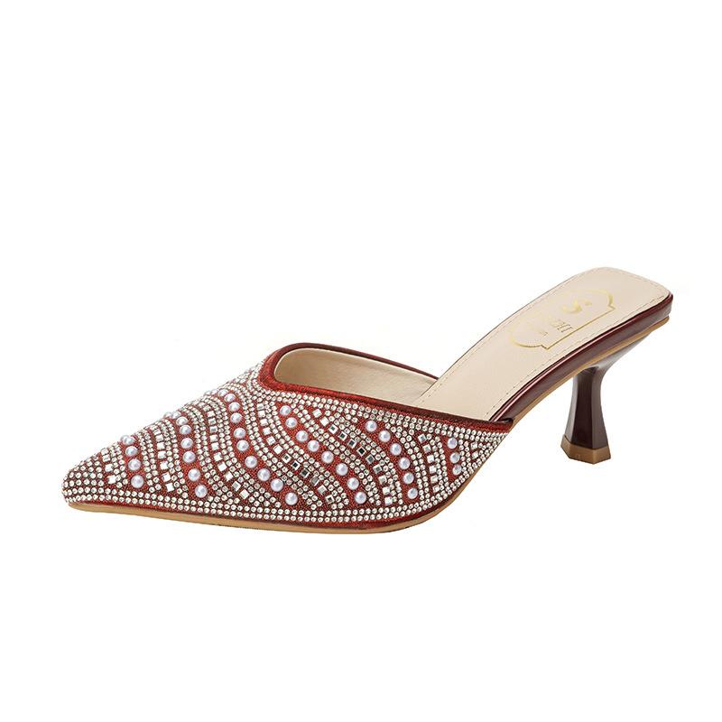 Baotou half slippers women's outer wear 2025 summer new fashion rhinestone thin heel pointed high heel cool slippers women