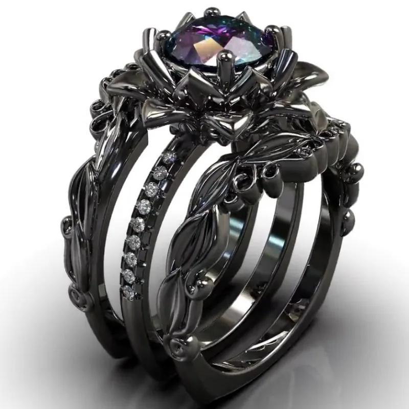 Exquisite Black Color Flower Hollow Rings for Women Round Blue Purple Pink Stone Rings Set Jewelry Party Gift