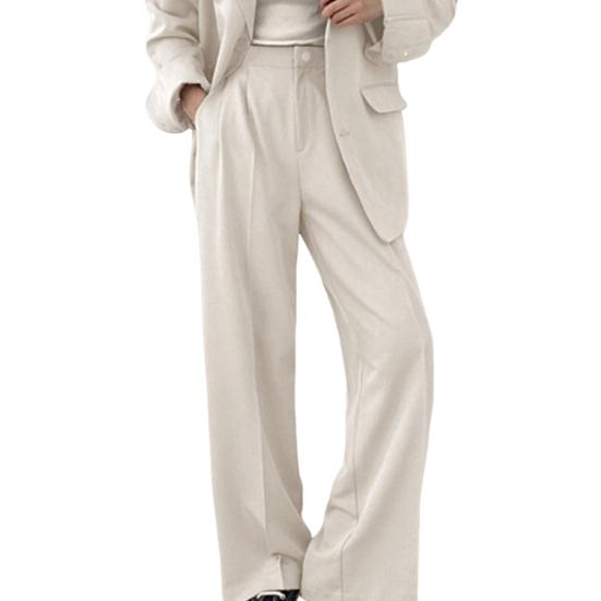 Yousheng Women Coat Pants Turn-down Collar Double Button Closure Cardigan Long Sleeve Jacket High Waist Straight Trousers Lady Formal Commute Outfit