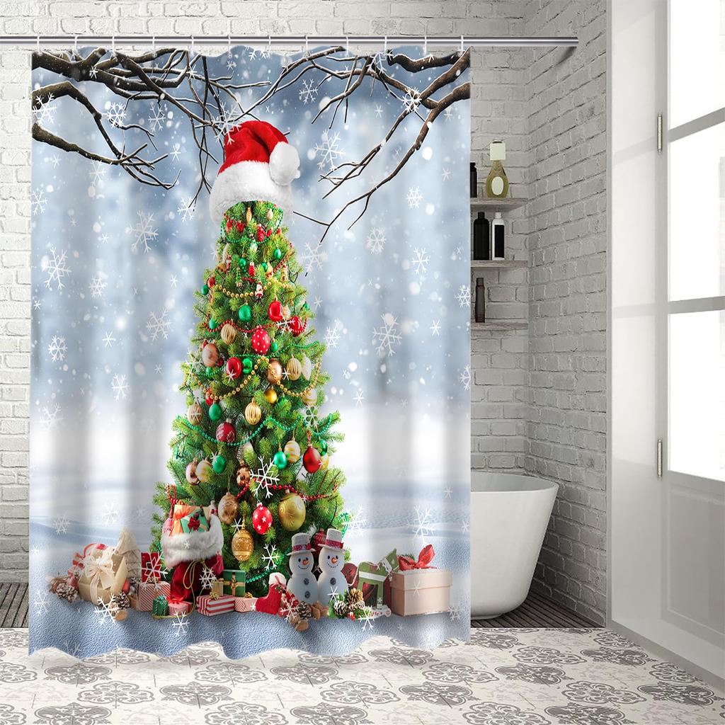 Christmas Shower Curtain Winter Snowy Landscape Forest Shower Curtain Xmas Pine Tree Bath Curtain with Hooks Home Bathroom Decor