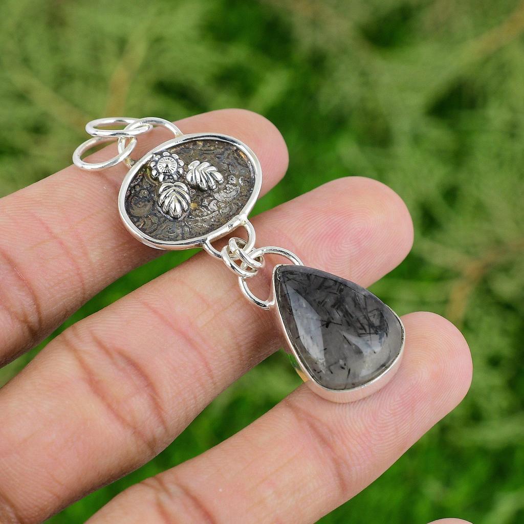 Sterling Silver Pear Black Rutilated Quartz Gemstone Mother New Pendant Jewelry