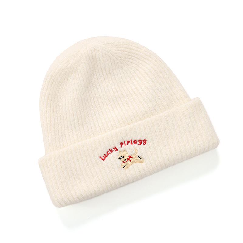 Wool hat women's winter knitted hat women's autumn and winter cold hat scarf winter warmth women's ear protection puppy embroidery