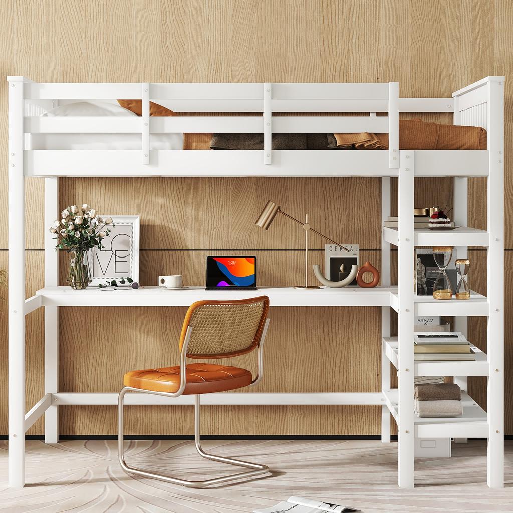 Hochbett, 90 x 200, Kinderhochbett mit Staufächern und Schreibtisch darunter, Ohne Matratze, Weiß