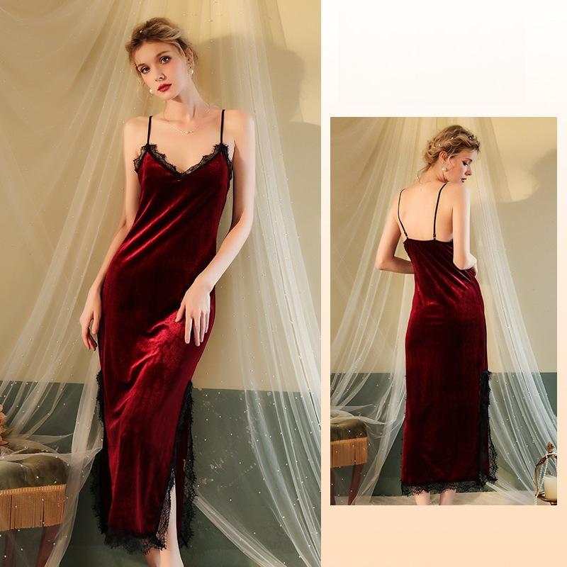 Seksowna Koronkowa Aksamitna Sukienka Cami Vintage Elegancka z Wysokim Rozcięciem Koszula Nocna Przyjazna dla Skóry Odzież do Domu 137 Luksusowa Ponadczasowa Bielizna Nocna Idealna na Zimne Nocne