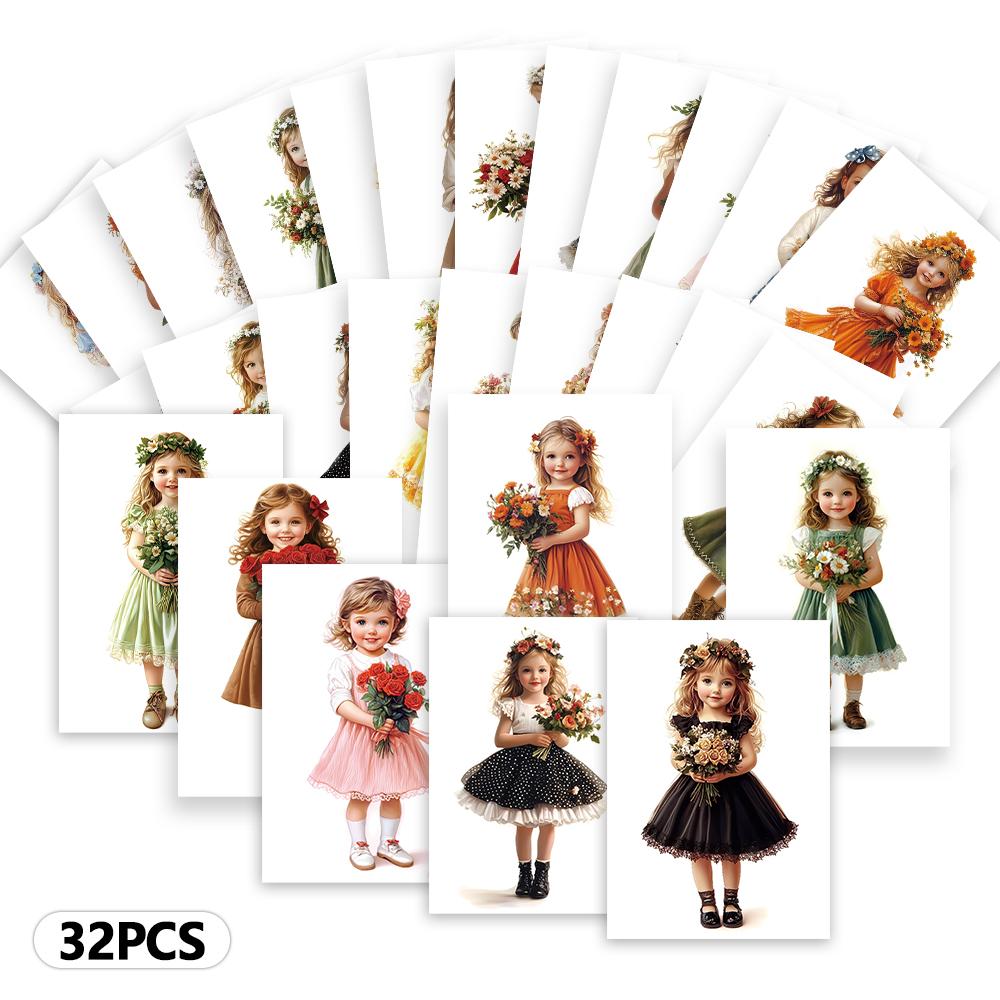32pcs, Cute Girl Postcards, Cartoon Little Girls, Collection, Wall Stickers, Mailing Cards, Greeting Cards, DIY Postcards, D