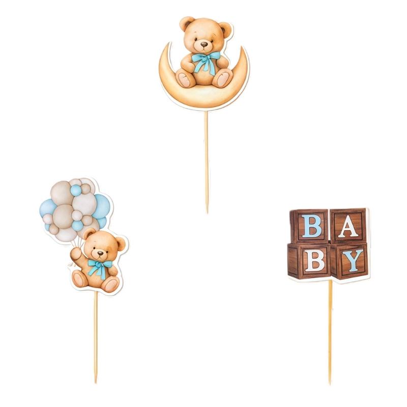 12Pcs Cupcake Top Decoration Cartoon Bear Theme Paper Cake Picks Ornament for Birthday Wedding Holiday Table Setting