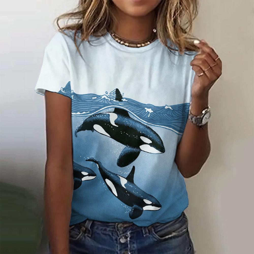 Women's Creative Short Sleeved T-shirt Fashionable Colorful Beach Ocean Print Comfortable Loose Round Neck T-shirt