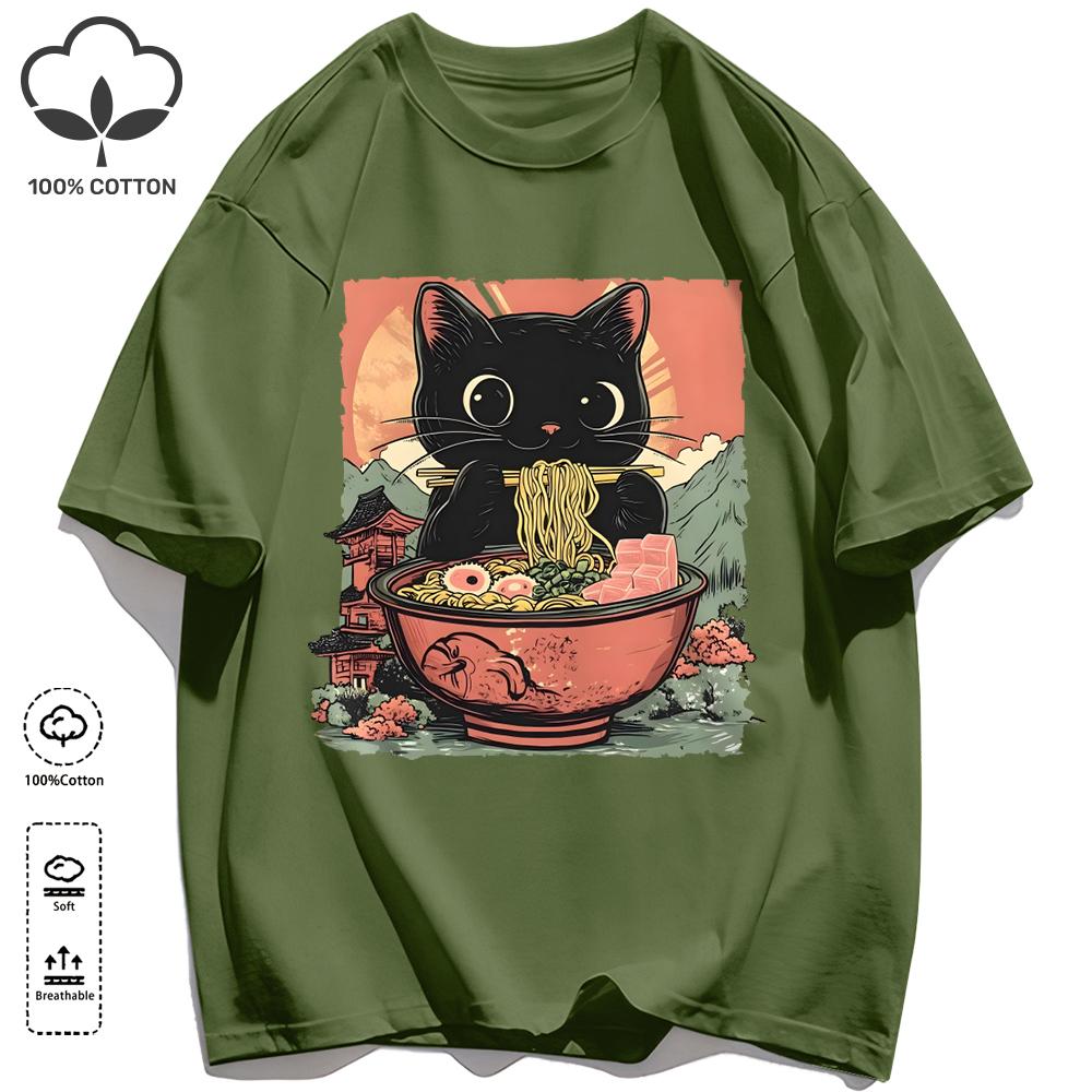 Retro Cats Like To Eat Lamian Noodles Unisex T Shirt Retro Fashion Short Sleeve Summer Comfortable Tee Unisex Cotton Loose Clothing