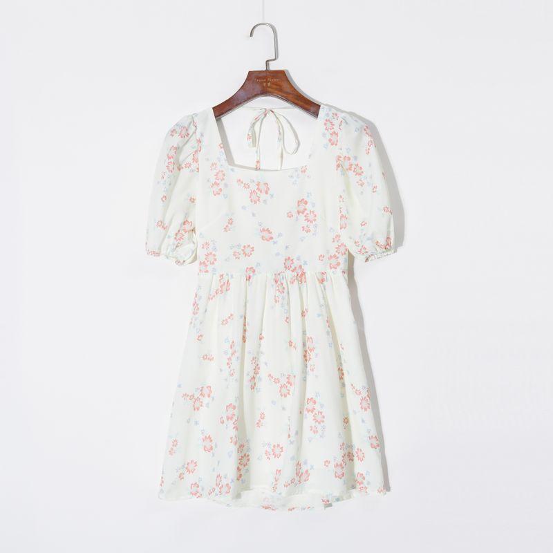 

2025 Summer Women clothes Fresh Print Sweet Square Collar Puff sleeve Sexy Backless Lace-up High Waist Younger Dress Print S
