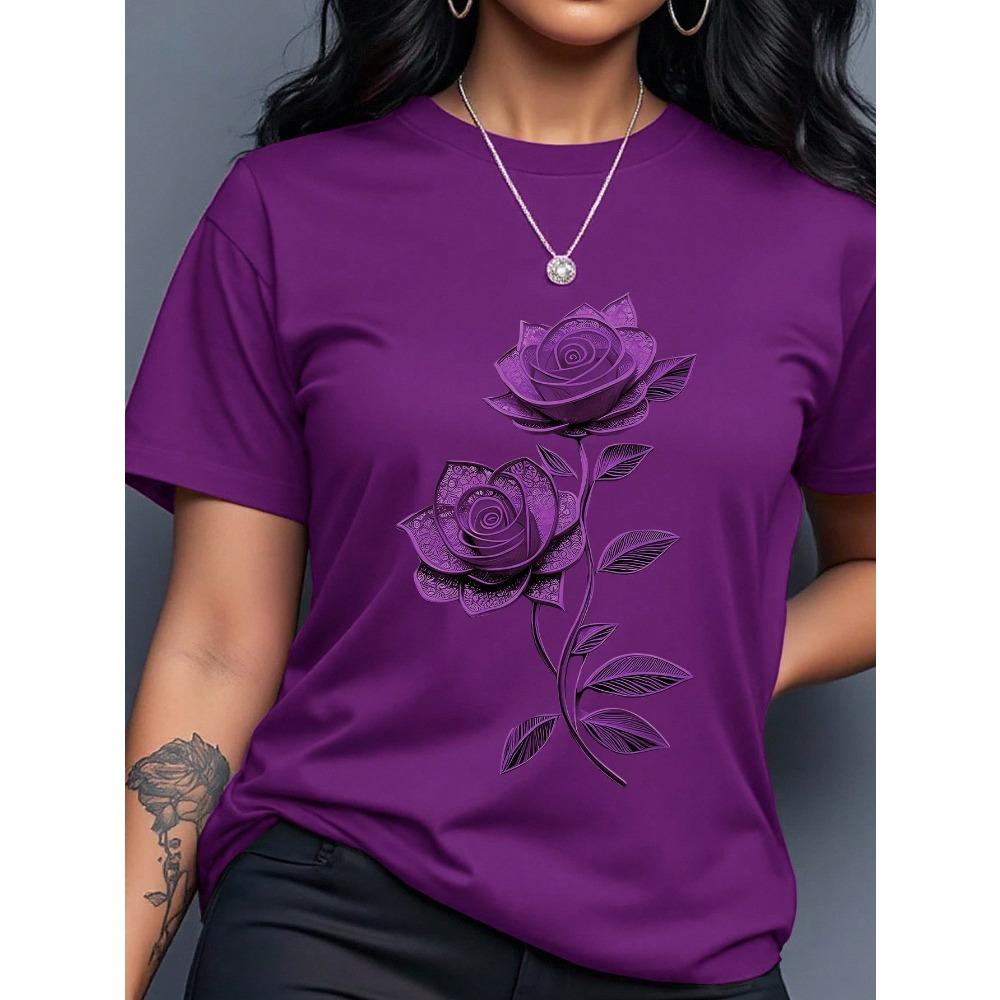 Women's Yellow T-Shirt with Gold Rose Print, Round Neck Short Sleeve Casual Top