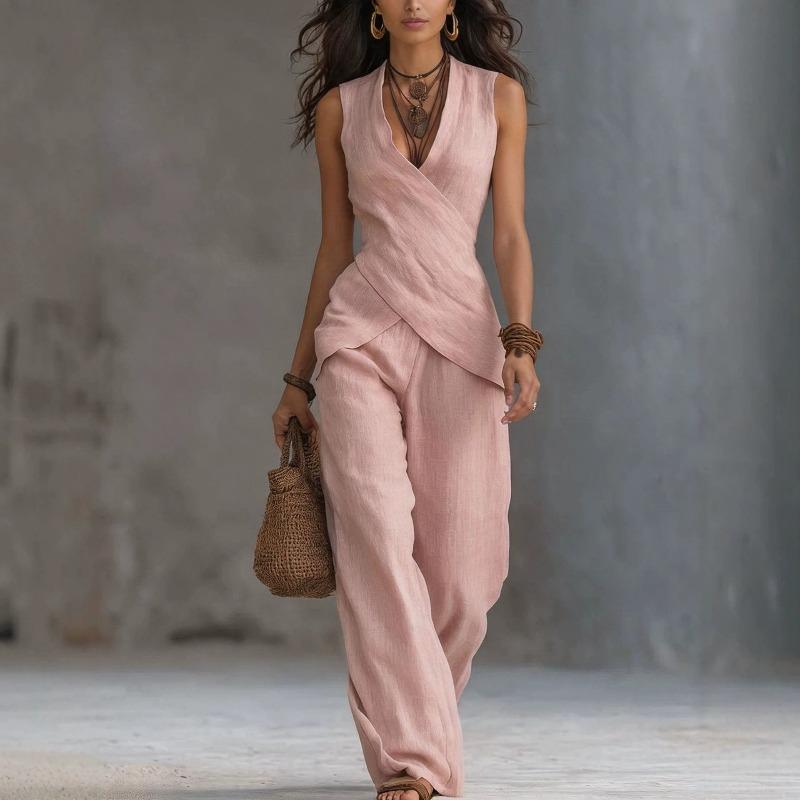 QICED Combinaisons Pantalon Casual sans Manches à Col en V pour Femmes