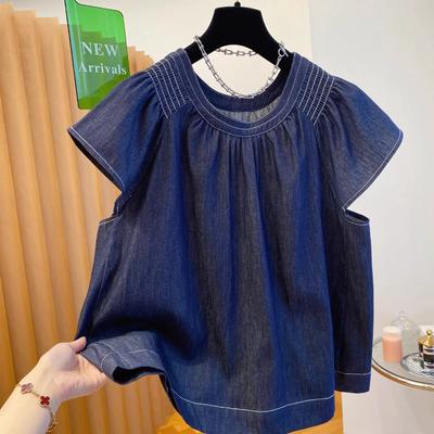 All-Match Gewaschenes Weiches Denim-Hemd für Damen Sommer Neuer Stil Locker und Leicht Lässiges Kleines Hemd Kleine Fliegenärmel Oberteil