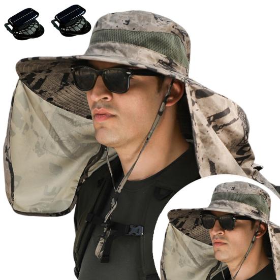 Solar Fan Hat with Neck Flap USB Rechargeable UV Protection Dual Cooling Fan Fishing Hat Foldable Men Women Fisherman Hiking Mountaineering Sun Hat