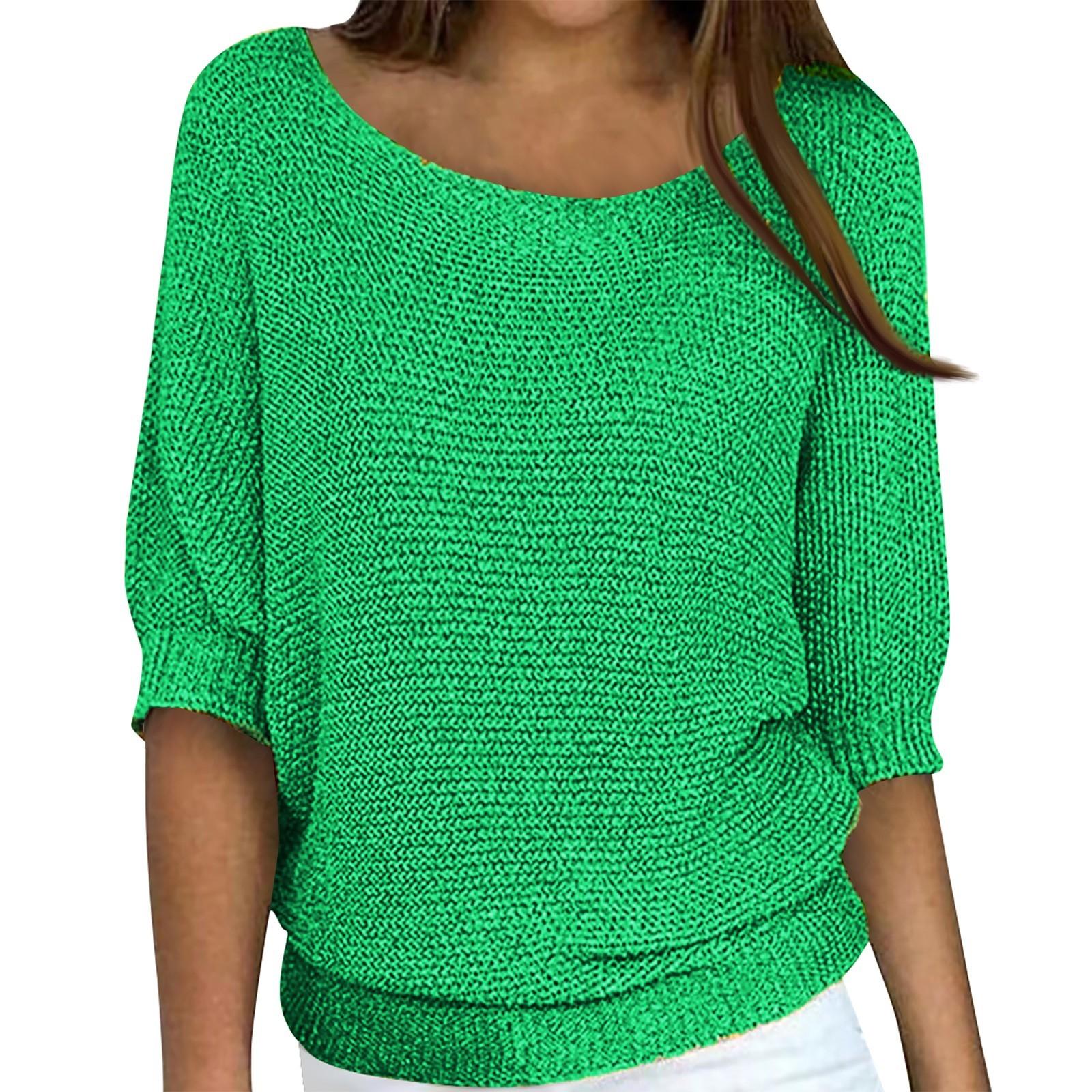 

Женская мода однотонный пуловер с круглым вырезом и рукавами 3/4, трикотажная рубашка, топ XXXL зелёный