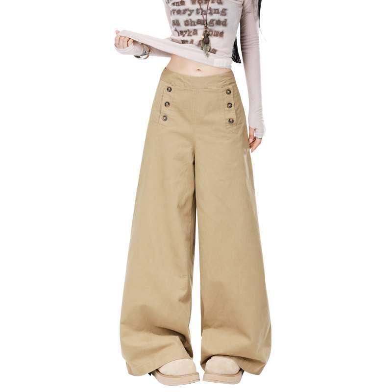 Autumn Women's High-Waisted Wide-Leg Pants with Multi-Button Design, Extended Length