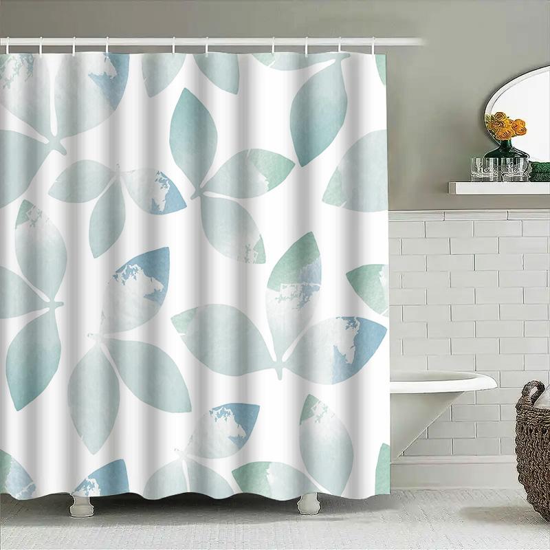 Blue Green Leaves Shower Curtain Waterproof Decorative Bath Room Plastic Hook Ring Set Home Decoration (60X72In)
