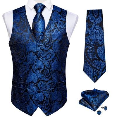 Mens Formal Wedding Waistcoat Necktie Set Silk Paisley Blue Black Slim Tuxedo Vest