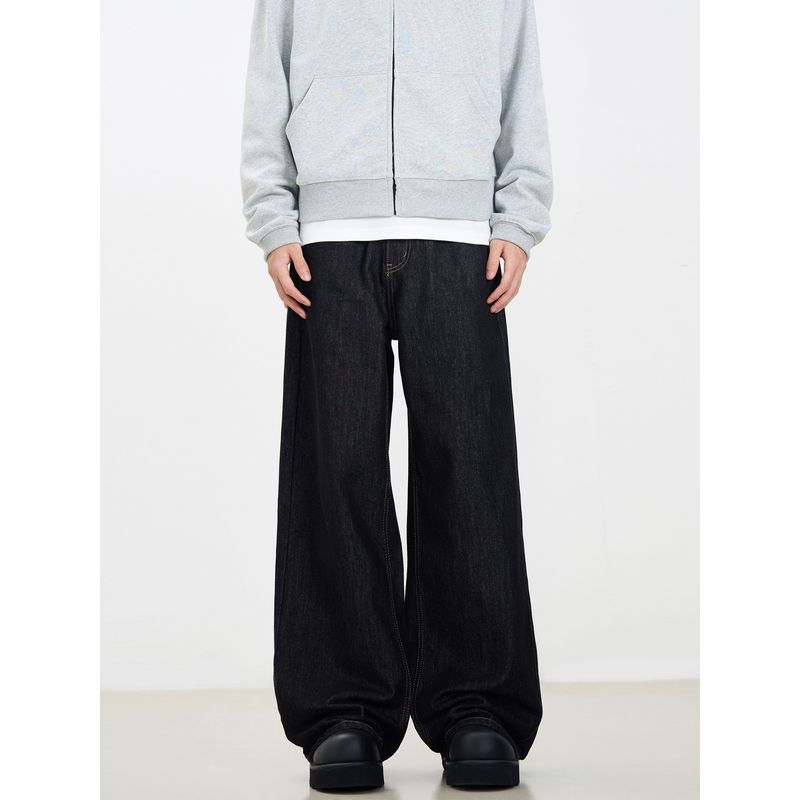 Kisko American Retro Washed Basic Cleanfit Black Jeans Unisex Loose Straight Versatile Pants