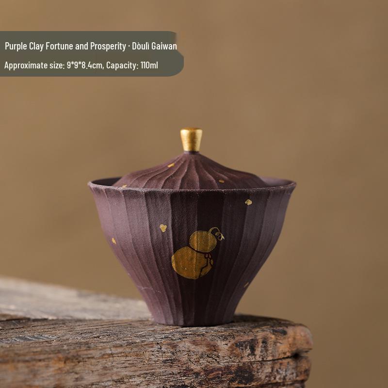 Hand-Painted Purple Clay Gaiwan with Lid – Golden Gourd Design, High-Grade Single Tea Brewing Bowl Set