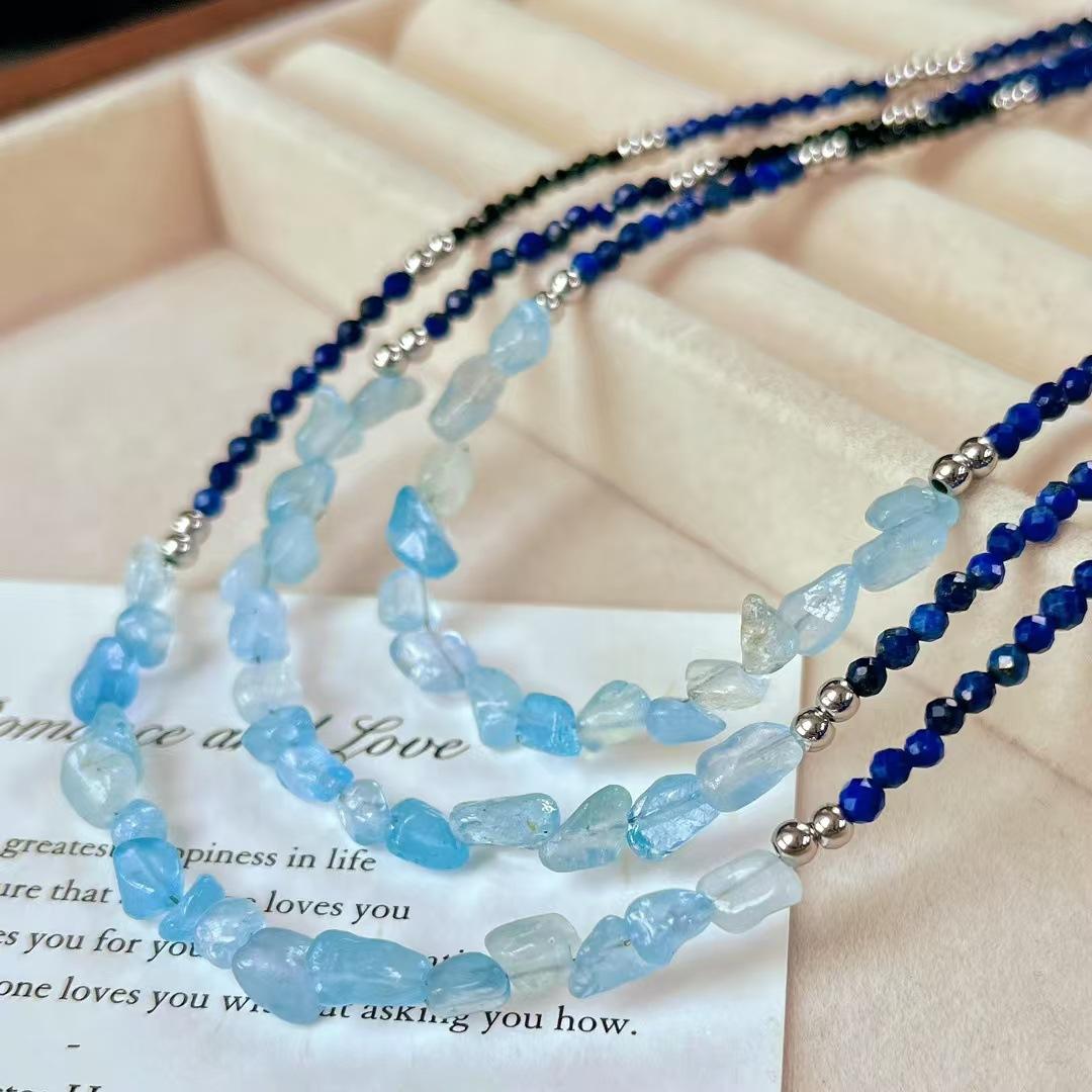 Vintage High Quality Natural Aquamarine Natural Lapis Lazuli Princess Chain Necklace Collarbone Chain