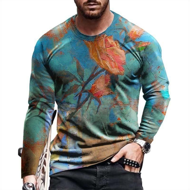 European and American Fashion Gradient Printed Casual Long Sleeved T-shirt O Neck Oversized Pullovers Tees Tops Men's Clothing