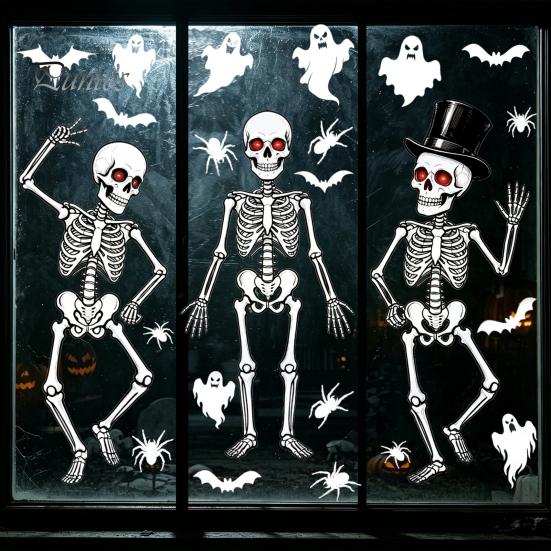 Long-lasting Color Glass Decal 3Pcs Halloween Skeleton Stickers, Waterproof PVC Window Clings, Static Decals, Rent-friendly Removable Stickers