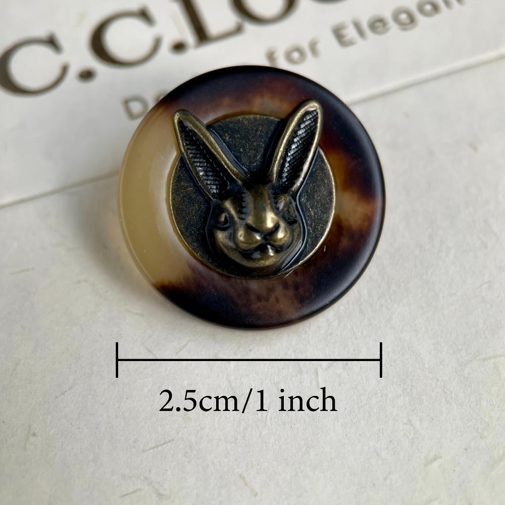 6 Pcs 25mm Vintage Copper Rabbit Head Decorative Buttons, Antique Brass Finish with Black Accents, Large Shank Metal Buttons for Clothing, Hats