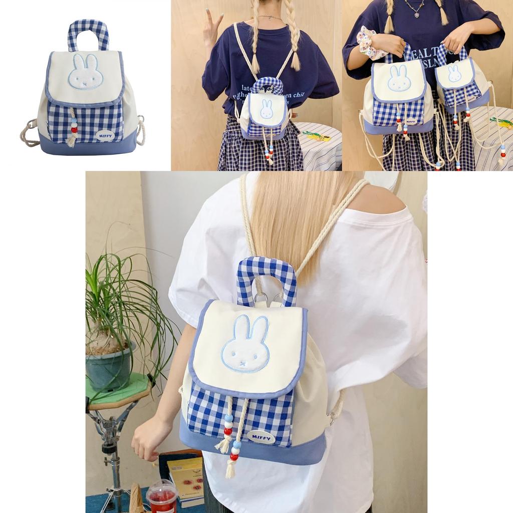 Cartoon Bunny Checkered Pattern Girl Mini Backpack With Nylon Material For Casual Day Use