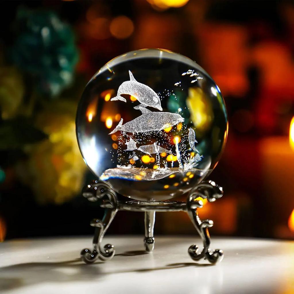 60mm 3D Crystal Ball Laser Engraved Glass Ornaments Animal Figurine Collectibles Paperweight Home Art Decor with Stand