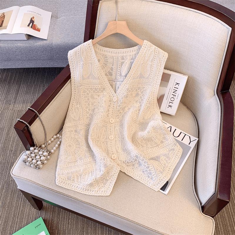 

New V-neck thin small fragrant wind hollowed crochet sleeveless vest women s spring outer wear thin stacked wear versatile top One size fits all