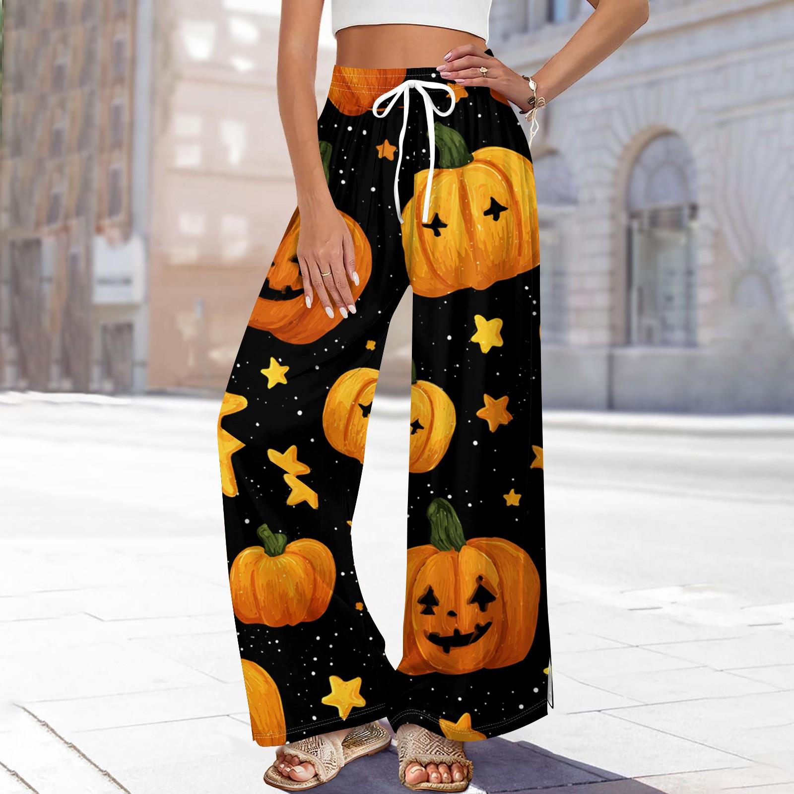 

Женские повседневные модные брюки прямого кроя с широкими штанинами, эластичной талией на кулиске, карманами и принтом на Хэллоуин XL