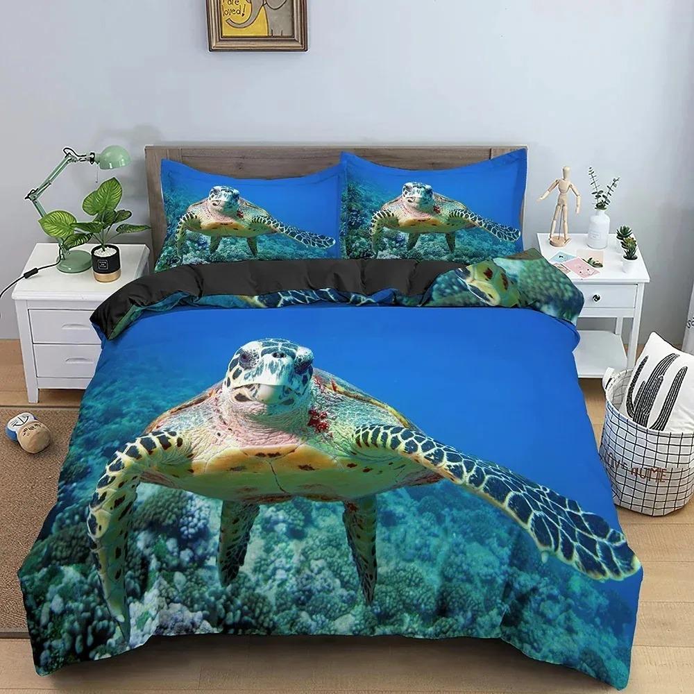 Sea Turtle Bedding Set,Boy&Girl Underwater World Duvet Cover Pillow Case Gift, Home Bedroom Quilt Set Large King 220x260cm
