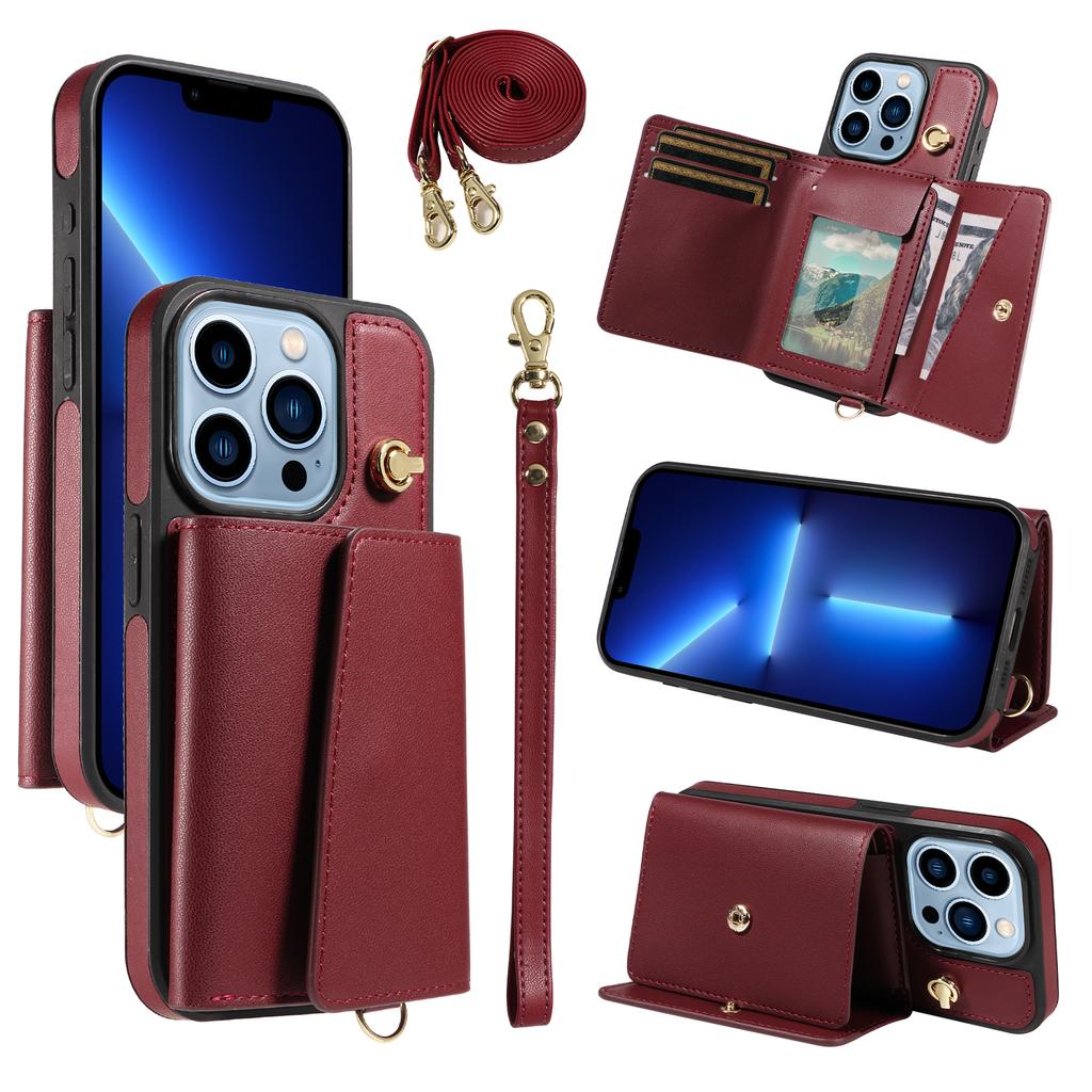 For iPhone 13 Pro Crossbody Phone Case Card Holder Kickstand Leather Coated TPU Mobile Cover