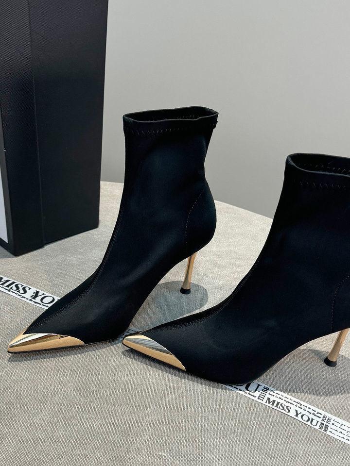 Metal pointed high-heeled elastic thin boots women's 2025 autumn new fashion versatile black temperament short boots stiletto