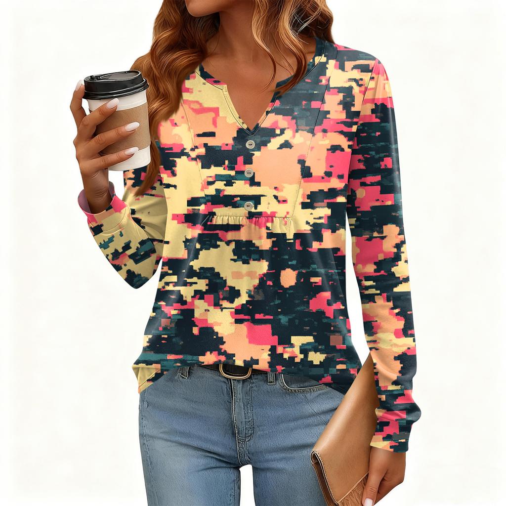 Γυναικείο Χαλαρό, V-λαιμόκοψη, Ρετρό Χρώμα, Μπλοκ με Φλοράλ Σχέδιο, Μακρυμάνικο Πουλόβερ T-shirt