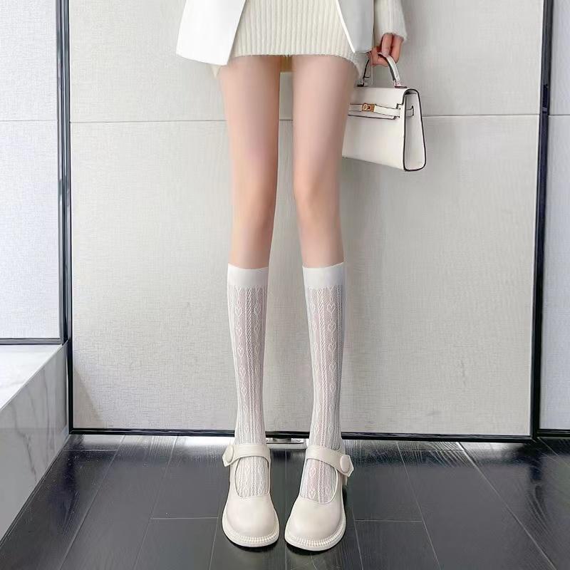 Kvinner Sexy Blomstertrykk Nettingstrømper Knehøye sokker Myk Nylon Elastisk Fiskenett Mote Lange beinsokker Designer rene sokker