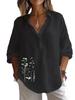 Plus Size Women Lapel Neck Cotton Linen 3/4 Sleeve Shirt Spring&Autumn Casual Floral Print Blouses
