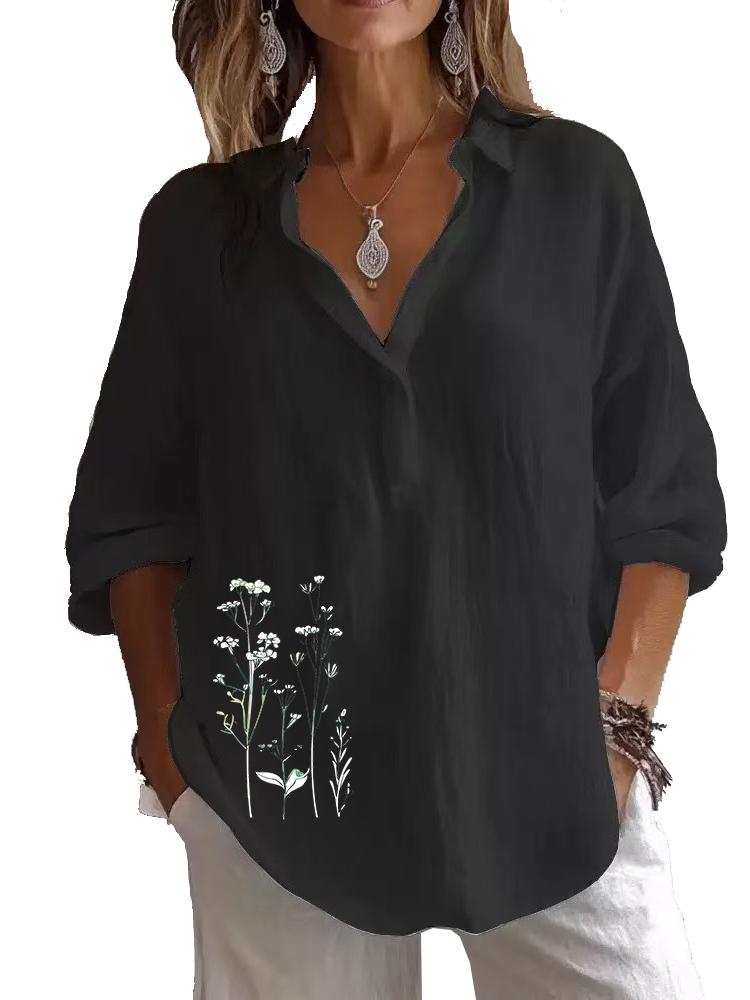 Plus Size Women Lapel Neck Cotton Linen 3/4 Sleeve Shirt Spring&Autumn Casual Floral Print Blouses