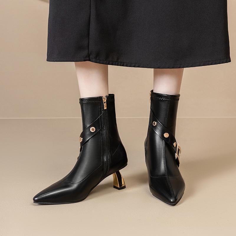 Módní Zimní Nové Profilované Bavlněné Boty Dámské Špičaté Nýty Kovová Spona Boční Zip Protiskluzové Kotníkové Boty
