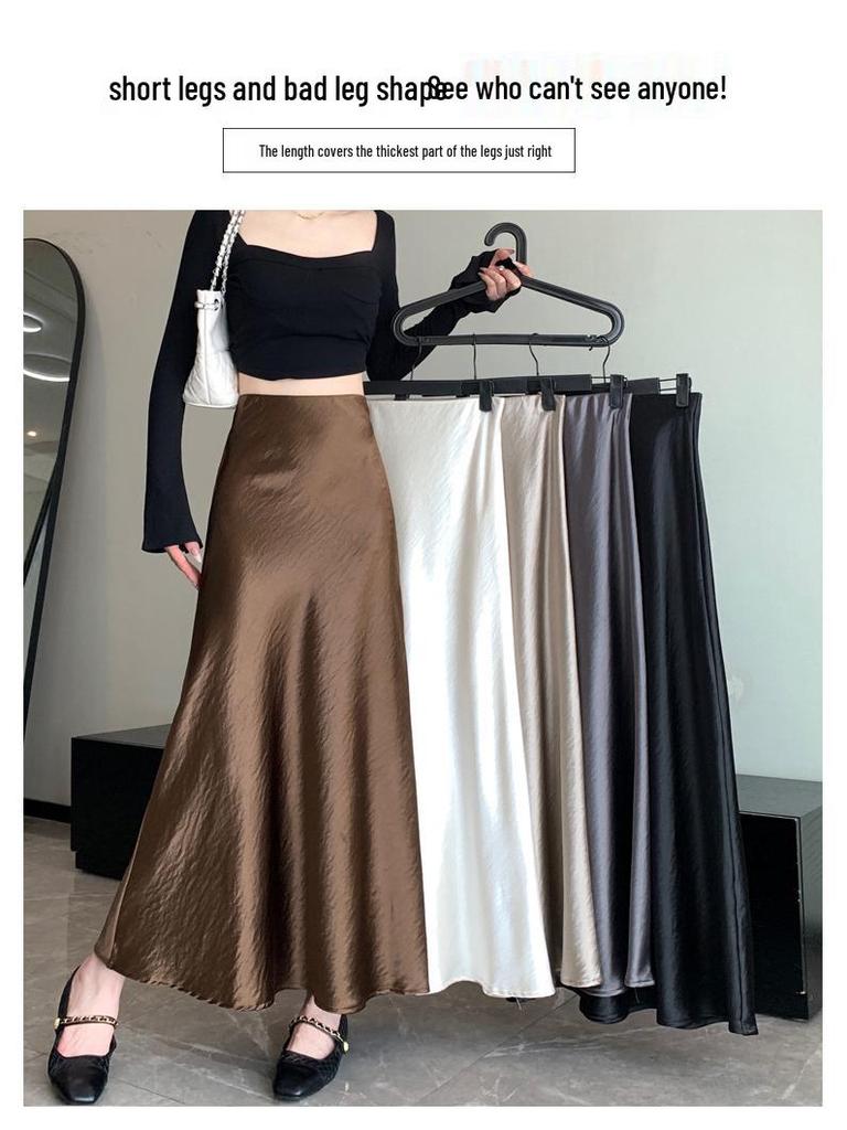 Французька спідниця міді А-силуету з атласу з високою посадкою для жінок - Осіння колекція