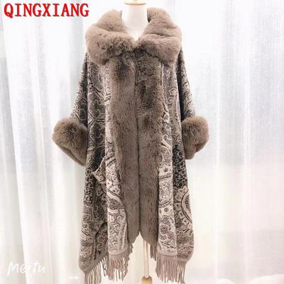 Women Winter Thick Faux Fur Mantle Big Collar Loose Printed Poncho Pendulum Capes Streetwear Tassel Long Cloak Pocket Overcoat