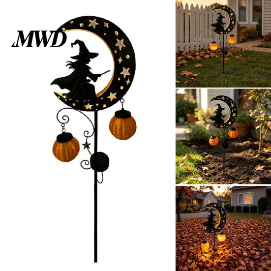Automatic Light for Walkway Solar Halloween Witch Pumpkin Moon Garden Stake Light, Waterproof On Crescent Metal Yard Ornaments with Lantern,