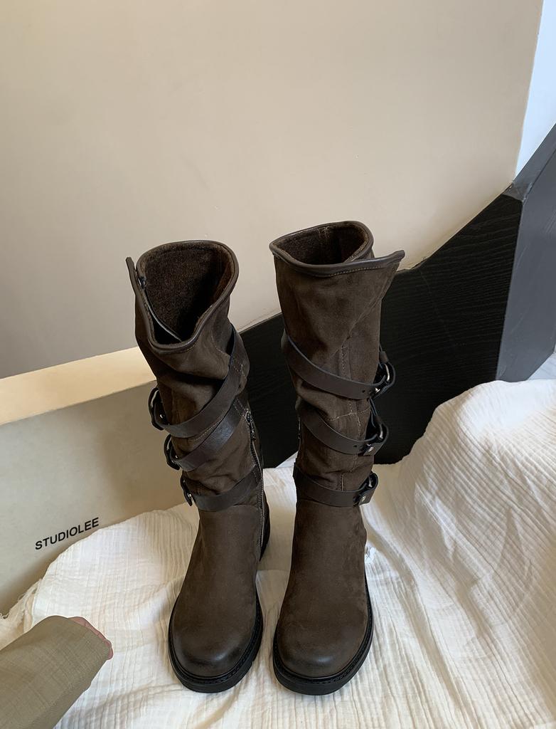 Grape Mother Same Fashionable Belt Buckle Side Zipper Thick Heel Knight Boots Female Spice Girl Round Head Versatile Thick Sole Medium Boots