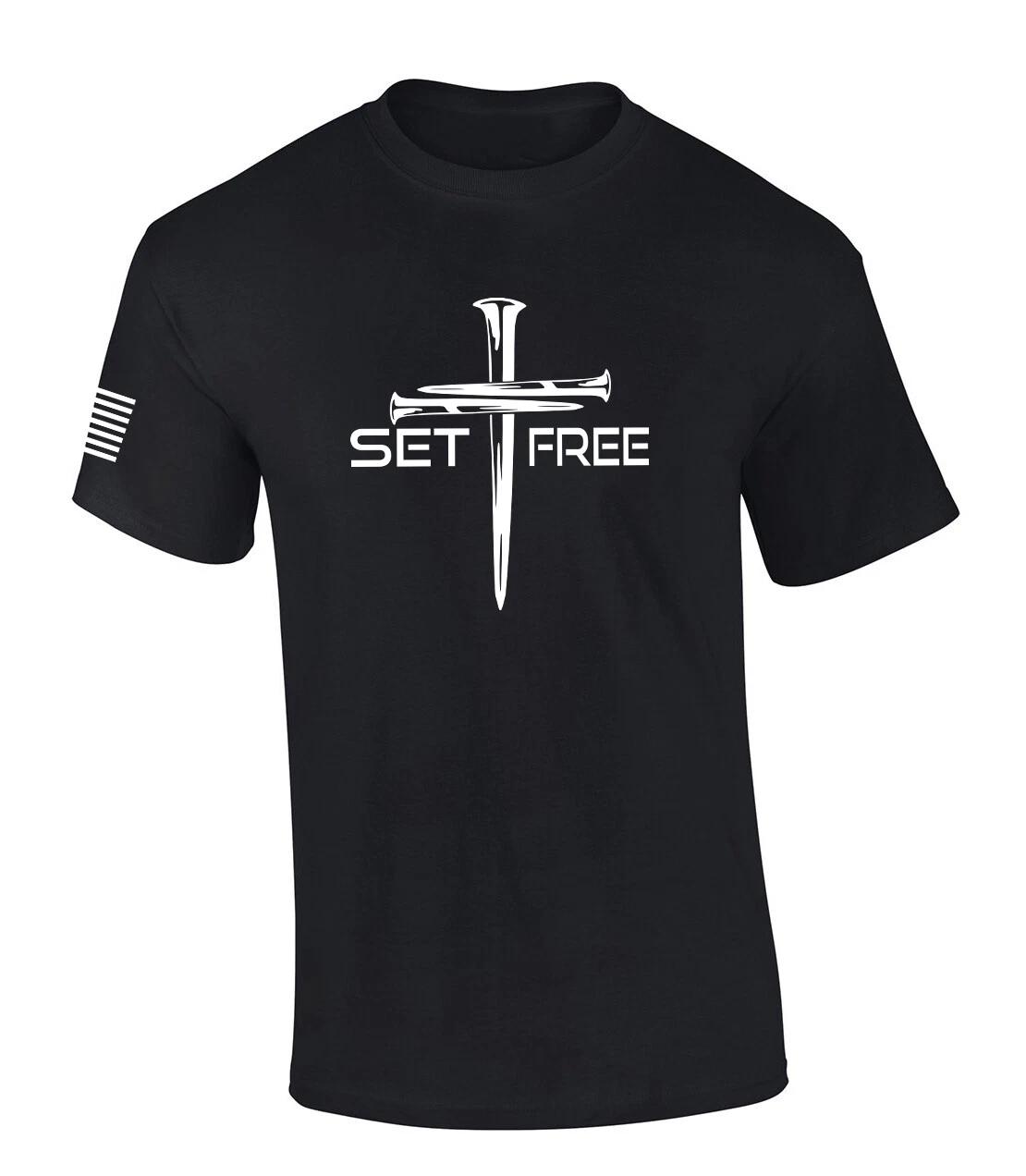 Mens Christian Shirt Nail Cross Set Free Short Sleeve T-Shirt Graphic Tee 3XL