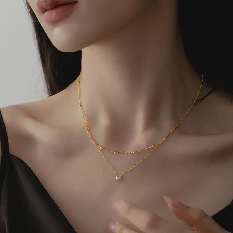 Vynikající polodvojnásobný náhrdelník z titanové oceli s diamanty - Zlaté korálky, Luxusní výklenkový design klíční kosti