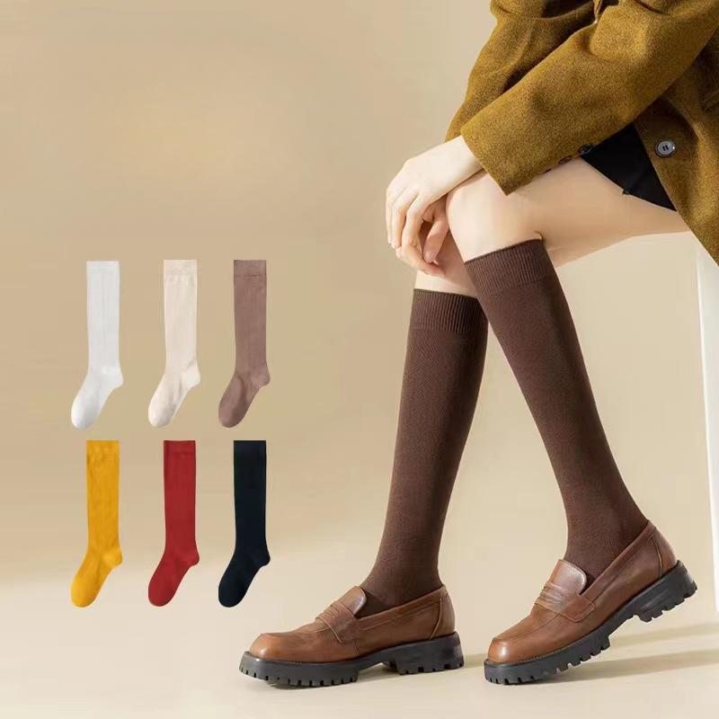Female Spring and Autumn Pure Cotton Color Pressure Thin Leg Long Leg Socks