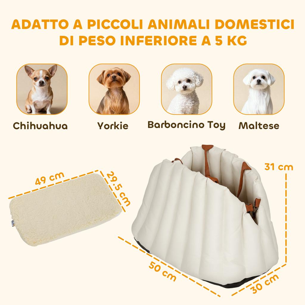 Small Dog Car Seat with Leash and Non-Slip Base, Convertible to Pet Bag, Cream