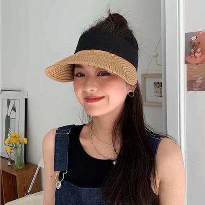 Magic Tape Panama Women Straw Hat Empty Top Summer Hat Sun Protection Outdoor Sports Fishing Beach Cap Elegant Street Cap