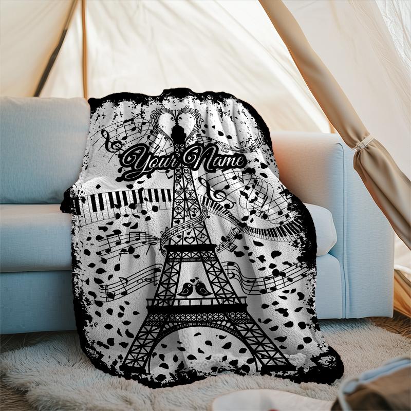 1PC Custom Name Music Paris Eiffel Tower Flannel Blanket Versatile,all-season Throw Suitable for the Living Room,bedroom,camping,travel,and Gift