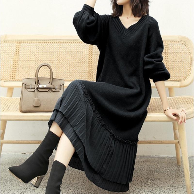 Autumn New Loose Large Size Knee Knitted Skirt Medium and Long Slim Splicing Inner Sweater Long Skirt